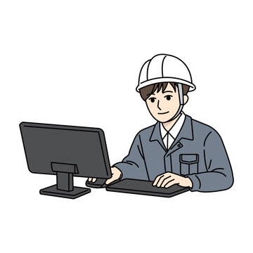  Male worker with safety helmet in gray uniform operating computer with mouse (digital management and smart workplace)