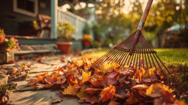 Close-up of a rake gathering vibrant autumn leaves in a sunlit yard, raking leaves in the garden
