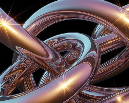 Title: A closeup view of a complex abstract background featuring intertwined metallic ribbons with a shiny reflective surface and vibrant pink and blue hues