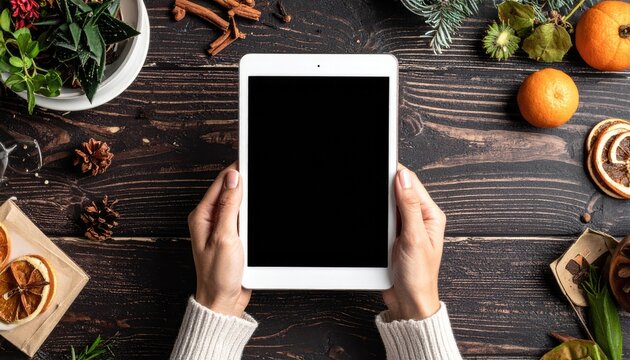 Overhead view of hands holding a tablet surrounded by festive holiday food ingredients.