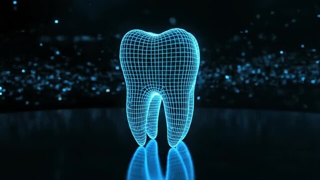 Digital wireframe tooth model with blue glow on dark background