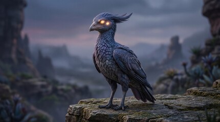 Fototapeta premium Mysterious Dark Bird with Glowing Eyes Perched on Rocky Cliff Overlooking Misty Mountains at Dusk