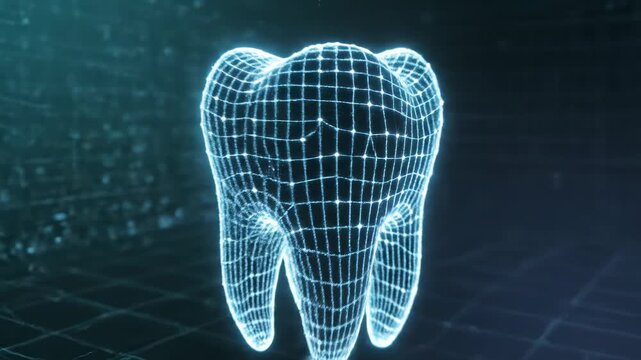 Digital wireframe tooth model with glowing blue light on grid background