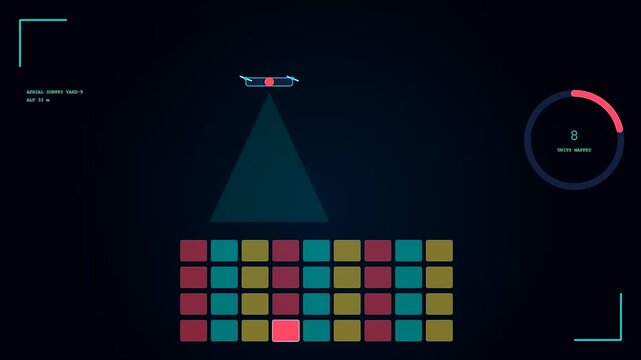 A digital container scanning process visualizes data accumulation as multiple grid blocks turn color on a dark computer interface showing progress bars and sensor beams