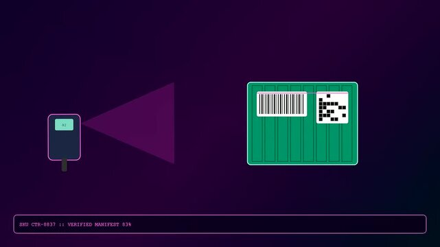 Industrial container scanning process displayed in a three frame sequence featuring green storage units with digital barcode labels illuminated by a dark purple light source