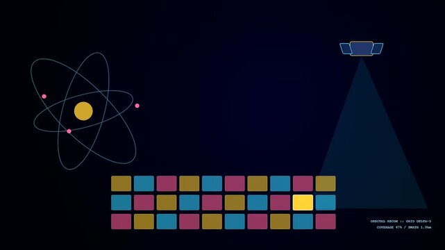 Container scanning processes are displayed through a futuristic digital interface showing atomic structures paired with a rhythmic progression of glowing blocks across three distinct separate panels