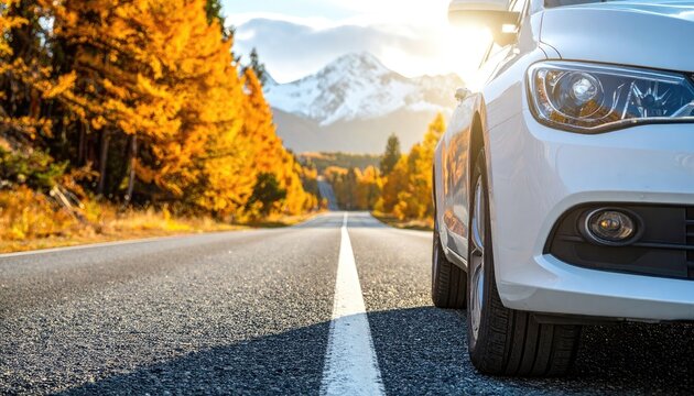 Scenic Autumn Road Trip with Car and Majestic Mountains.