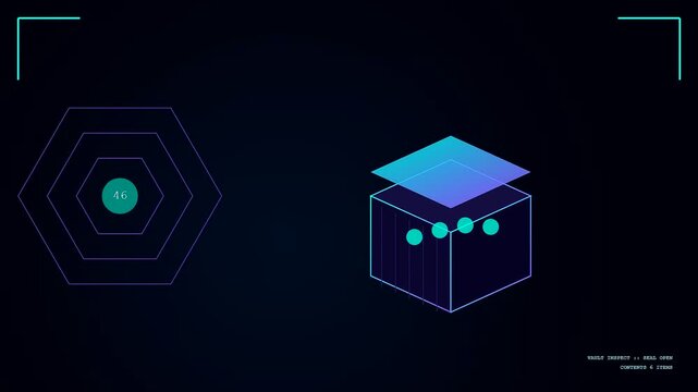 Container scanning interface showing glowing digital cubes with numbers and floating sphere nodes arranged in a dark environment with thin geometric shapes and lines displayed