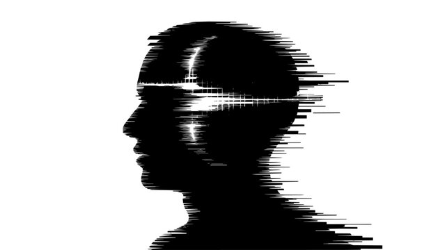 Futuristic human head silhouette with glitch effect and digital light burst, abstract cyber mind concept on transparent background