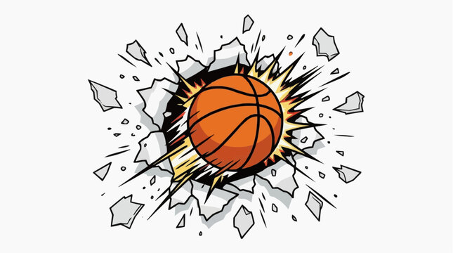Basketball Shattering Wall: An energetic illustration of a basketball bursting through a cracked wall, symbolizing power, action, and overcoming obstacles.