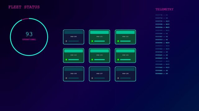Container scanning interface displays flickering green digital elements on a dark blue screen showing active system updates and status telemetry logs in this animated motion graphic