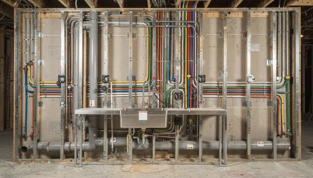 Medium shot capturing kitchen prefab wall assembly with organized plumbing lines wastewater pipes and sturdy fixture mounts behind drywall framework.
