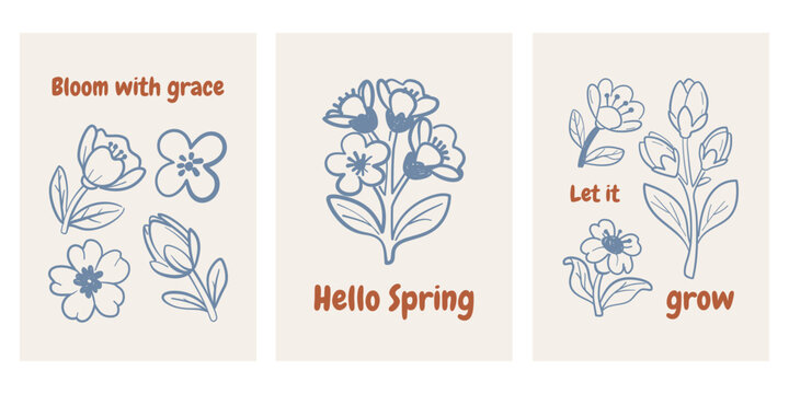 Set of three spring wall art posters with hand drawn floral elements and inspirational quotes. Minimal modern vector illustration in soft neutral palette for nursery decor and home interior.