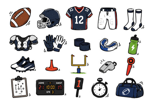 American Football Equipment Doodle Icon Set Simple Flat Scribble Collection