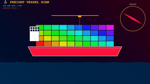 A digital container scanning interface displays colorful cargo stacks on a massive freight ship as navigational instruments track global maritime positioning during a complex nautical journey