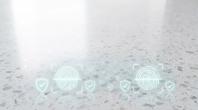 Abstract Conceptualization of Decentralized Identity and Biometric Verification Holographic Interface Projected on Polished White Terrazzo Floor Macro Stock Photo
