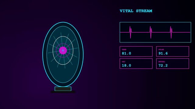 A digital container scanning process visualizes shifting biological telemetry data as circular nodes glow with fluctuating neon pulses against a dark atmospheric purple screen display environment