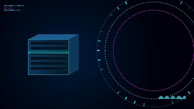 Digital container scanning process visualizing abstract data structure with glowing blue interface rings appearing on a dark screen during a modern technical monitoring software routine