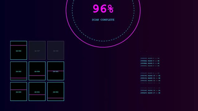 A digital container scanning sequence displays progress metrics on a dark screen with evolving loading bars and flickering lines representing data analysis in action