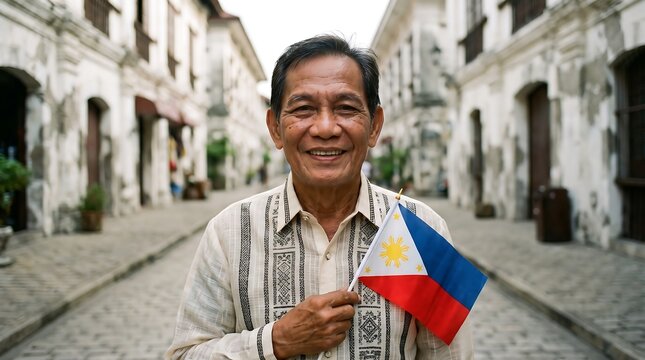 Proud Senior Filipino Man with National Flag
