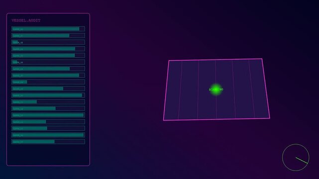Container scanning interface displays active cargo assessment protocols on a glowing digital dashboard featuring geometric line charts and moving light indicators for logistics data tracking