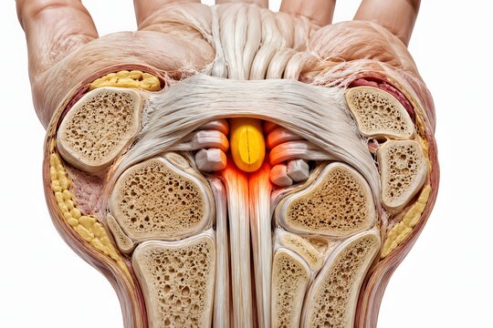 Wrist cross-section CGI of carpal tunnel syndrome showing median nerve compression under flexor retinaculum. Neurology and orthopedic medical illustration.