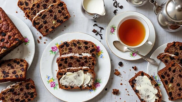 A delightful spread of fruitcake slices, generously buttered and served alongside a steaming cup of tea, creates a cozy and inviting scene for a traditional afternoon treat.