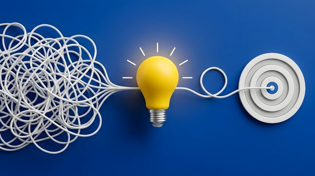 Untangled wire forming a bright yellow light bulb and hitting a target bullseye illustrating creative ideas reaching business goals