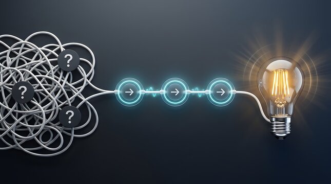 Tangled wires with question marks passing through glowing directional nodes to reach a bright light bulb representing a step by step process to resolve uncertainty