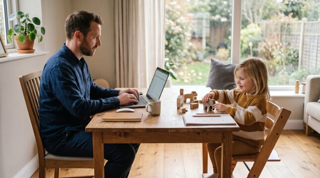 Father working on laptop while daughter plays with wooden toys at home