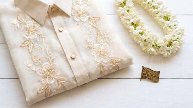 Traditional Barong Tagalog Flat Lay with Sampaguita