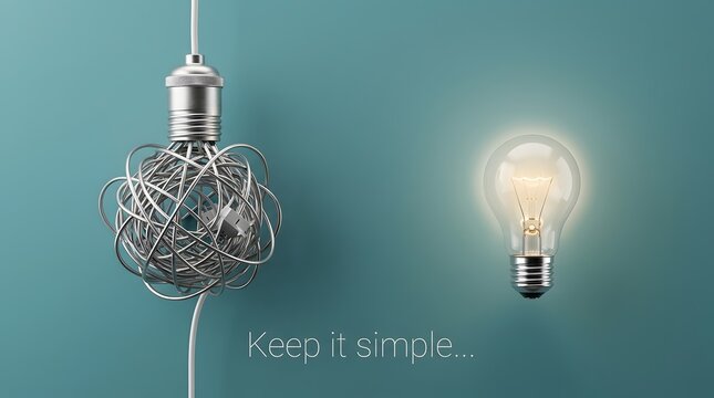 Tangled wire bulb next to a glowing clear light bulb with text keep it simple representing clarity and problem solving
