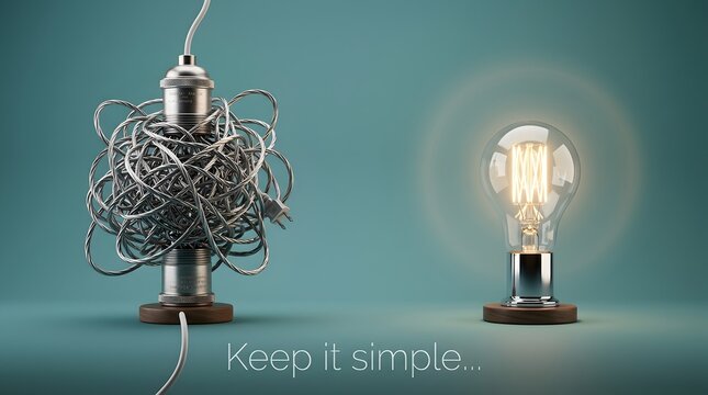 Complex wire light bulb transforming into a bright vintage bulb with keep it simple text illustrating clear business strategy