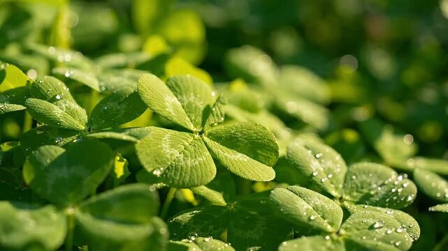 Lush green clover leaves, four-leaf clover, plant background, natural texture
