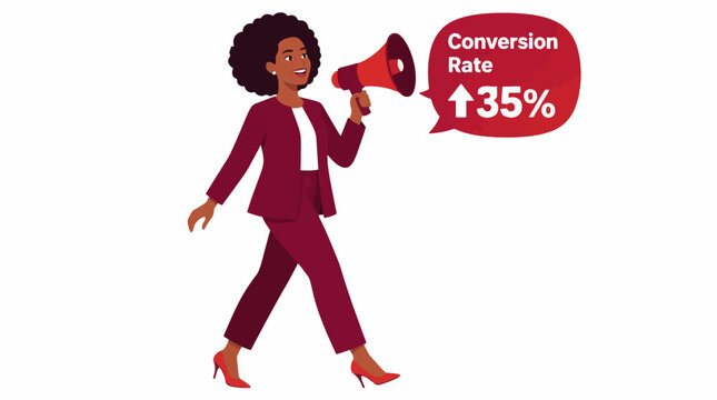 Businesswoman holding megaphone with conversion rate sign.