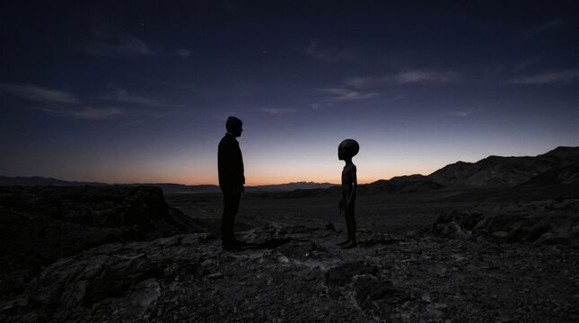 Human and alien silhouette facing each other on rocky terrain at dusk with mountains in background