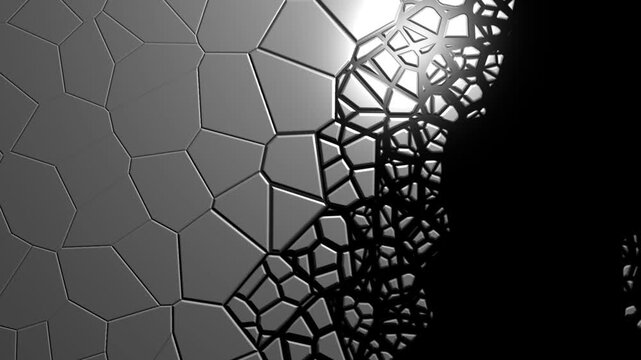 Abstract Geometric Voronoi Pattern Reveal with Shimmering Light on Black and White Background