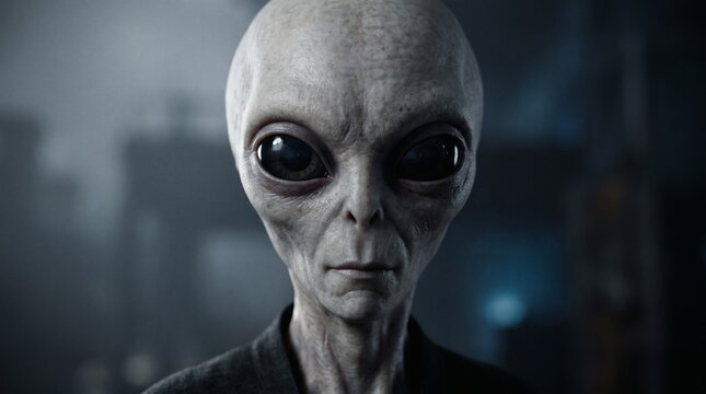 Close up portrait of a realistic grey alien with large black eyes and wrinkled skin in a dark environment