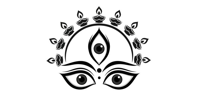Stylized black and white illustration of Goddess Durga eyes with traditional diya lamps.