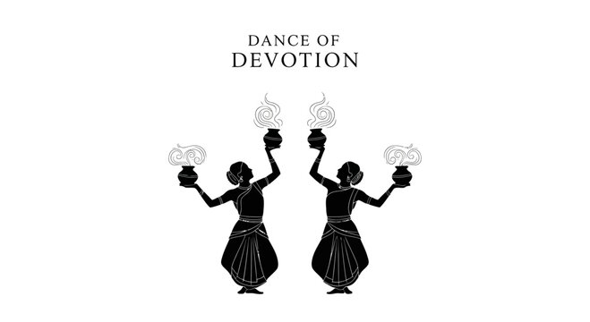 Two silhouette dancers performing a traditional Indian ritual dance with glowing pots.
