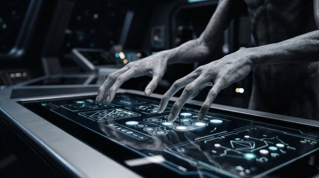 Alien hands interacting with a futuristic holographic interface on a spaceship bridge