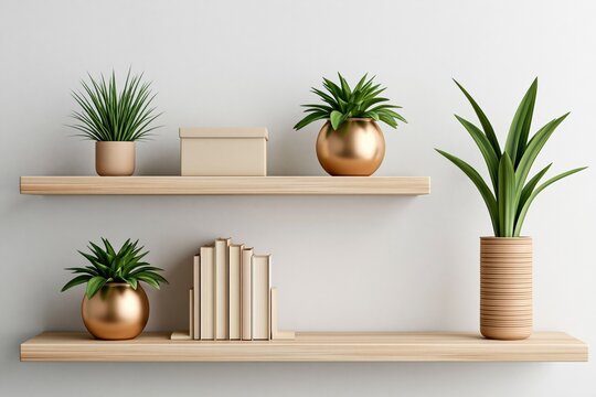 Shelf with wooden shelves on a minimalist white wall featuring plants and decor