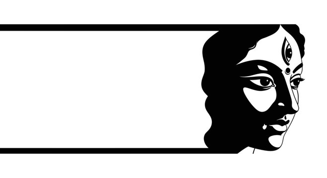 Stylized black and white illustration of the Hindu goddess Durga face.