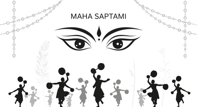 Stylized illustration of Goddess Durga eyes and traditional dancers for Maha Saptami festival.