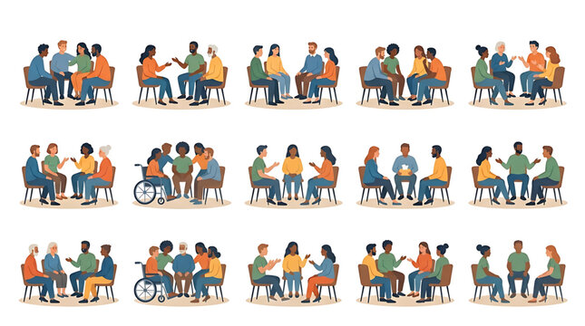 Set of diverse people sitting in a circle during group therapy sessions