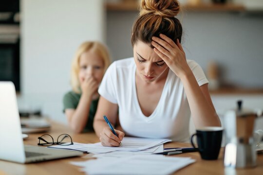 Mother feeling stress and struggle balancing work at home with a busy young child
