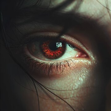 Extreme hyper-detailed close-up of a woman's eye with a glowing deep red iris and intricate dark lashes surrounded by dark dramatic lighting and stray hair strands conveying a mysterious supernatural