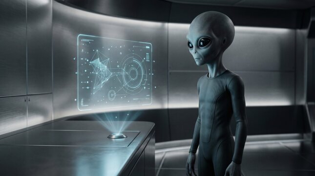 Alien looking at holographic display in futuristic spaceship interior with advanced technology interface