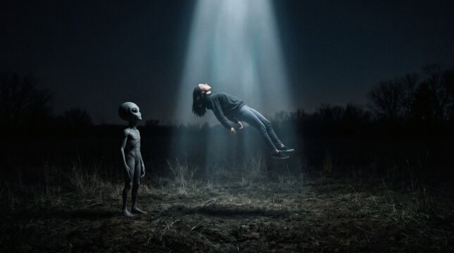 Alien abduction scene with a person levitating in a beam of light and an alien standing nearby at night