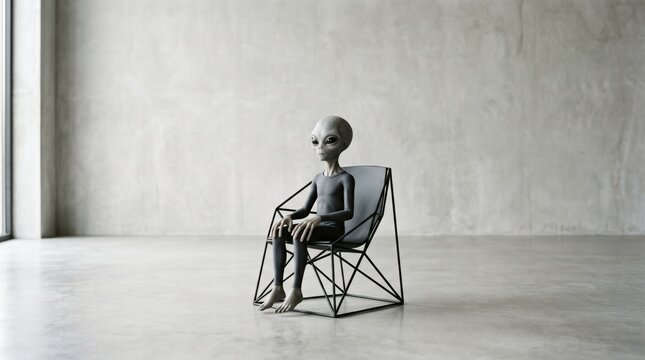 Alien sitting in a modern chair in a minimalist concrete room with large windows